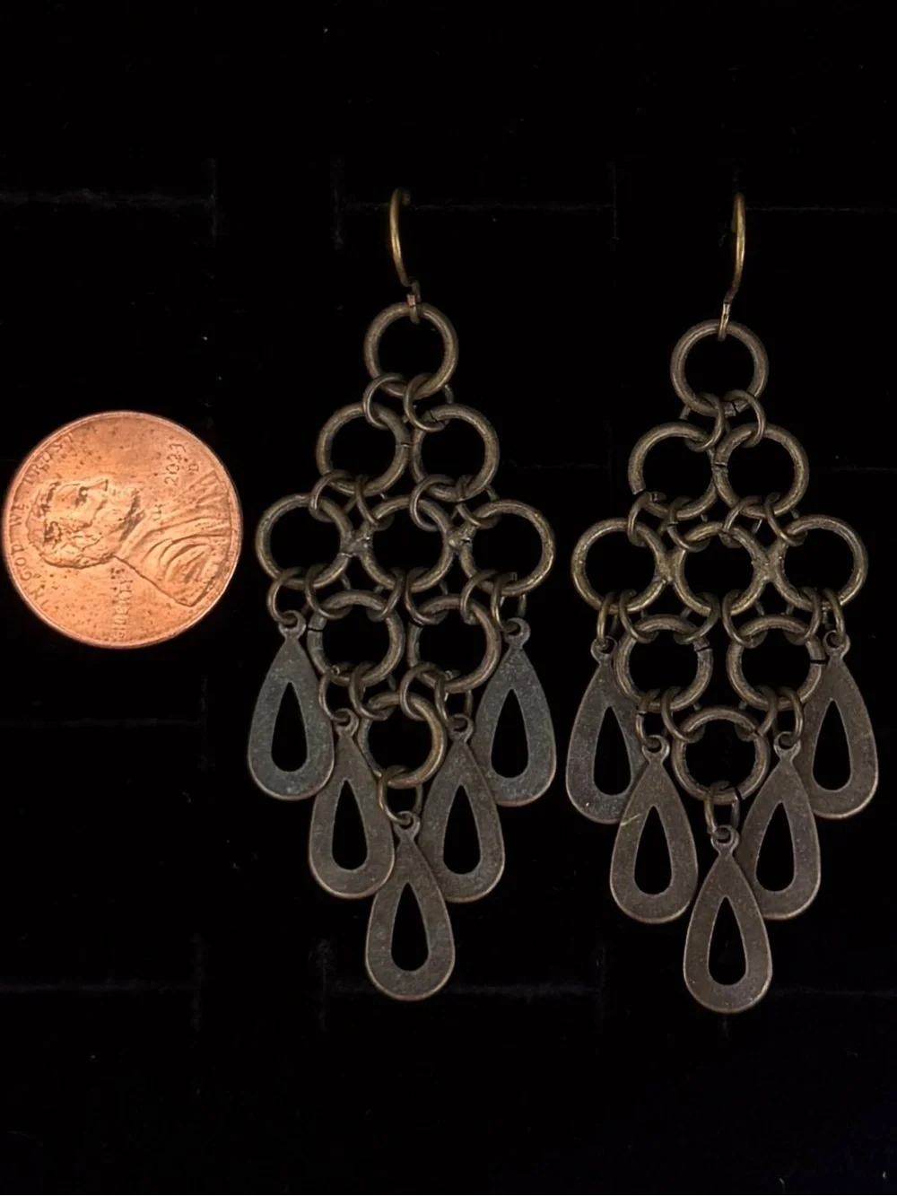 Beautiful, vintage aged bronze bib statement pierced earrings